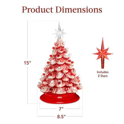Best Choice Products 15in Ceramic Christmas Tree Pre-lit Hand-Painted Holiday Decor w/ 64 Lights - Peppermint w/ Red White Bulbs