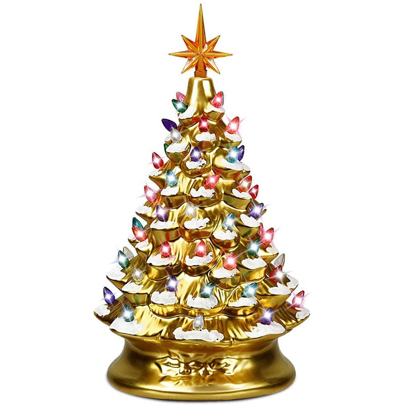 Best Choice Products 15in Ceramic Christmas Tree Pre-lit Hand-Painted Holiday Decor w/ 64 Lights - Peppermint w/ Red White Bulbs