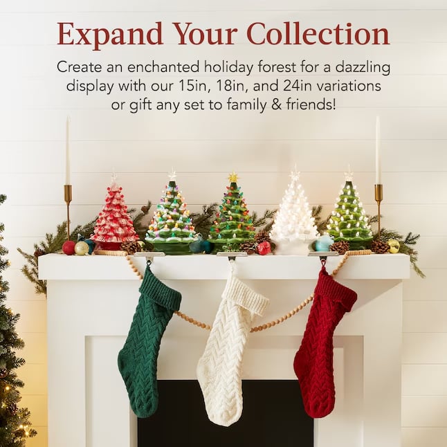 Best Choice Products 15in Ceramic Christmas Tree Pre-lit Hand-Painted Holiday Decor w/ 64 Lights - Peppermint w/ Red White Bulbs