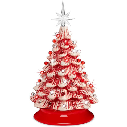 Best Choice Products 15in Ceramic Christmas Tree Pre-lit Hand-Painted Holiday Decor w/ 64 Lights - Peppermint w/ Red White Bulbs