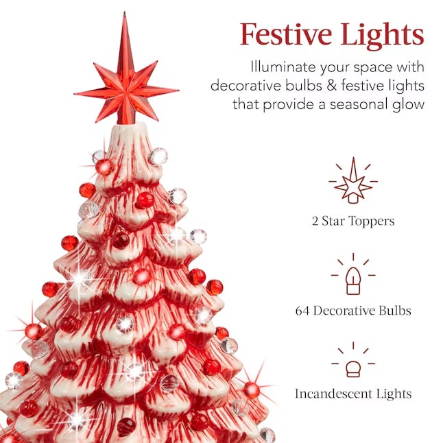 Best Choice Products 15in Ceramic Christmas Tree Pre-lit Hand-Painted Holiday Decor w/ 64 Lights - Peppermint w/ Red White Bulbs