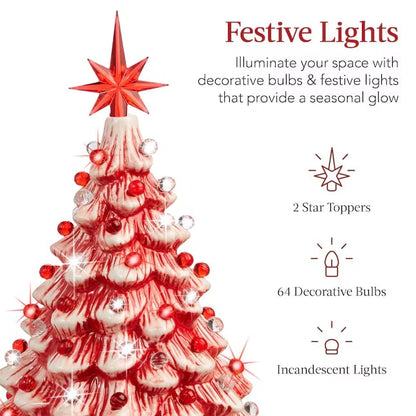 Best Choice Products 15in Ceramic Christmas Tree Pre-lit Hand-Painted Holiday Decor w/ 64 Lights - Peppermint w/ Red White Bulbs